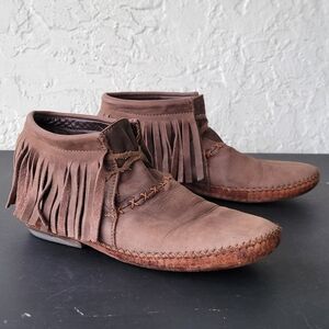 ANOUK Leather Tonika Fringe Ankle Booties Womens 7.5 Made in Mexico RARE